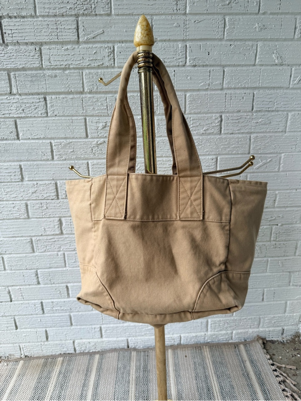 J.CREW Canvas Tote Bag Tan Khaki Large Weekender Vintage Snap Thick Cotton - Picture 1 of 7